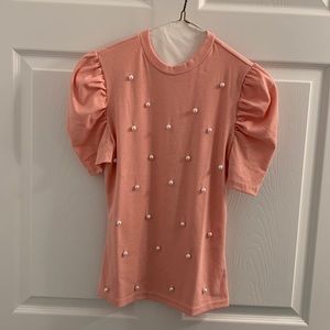 Women’s Elegant Pearl Embellished Puff Sleeve Top Size Medium